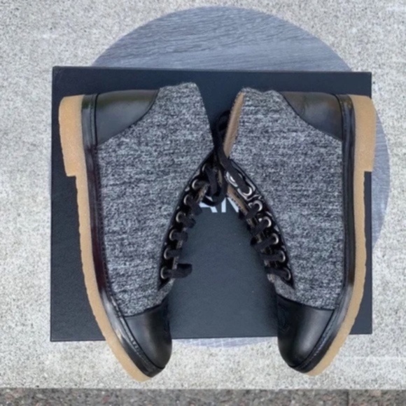 Chanel CC Tweed Lace-Up Ankle Boots - Picture 6 of 14